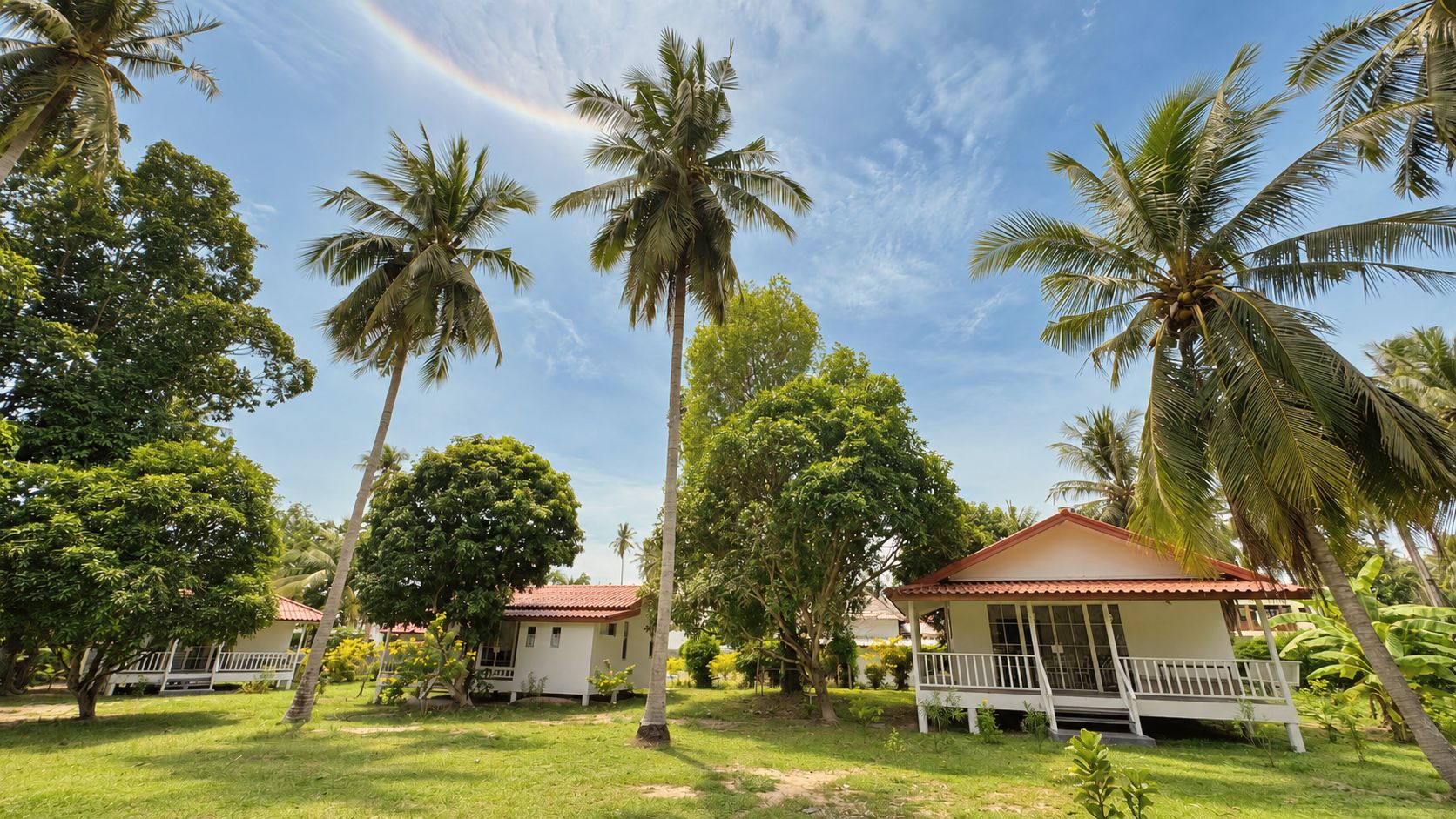 Bungalows spread across a shaded tropical garden