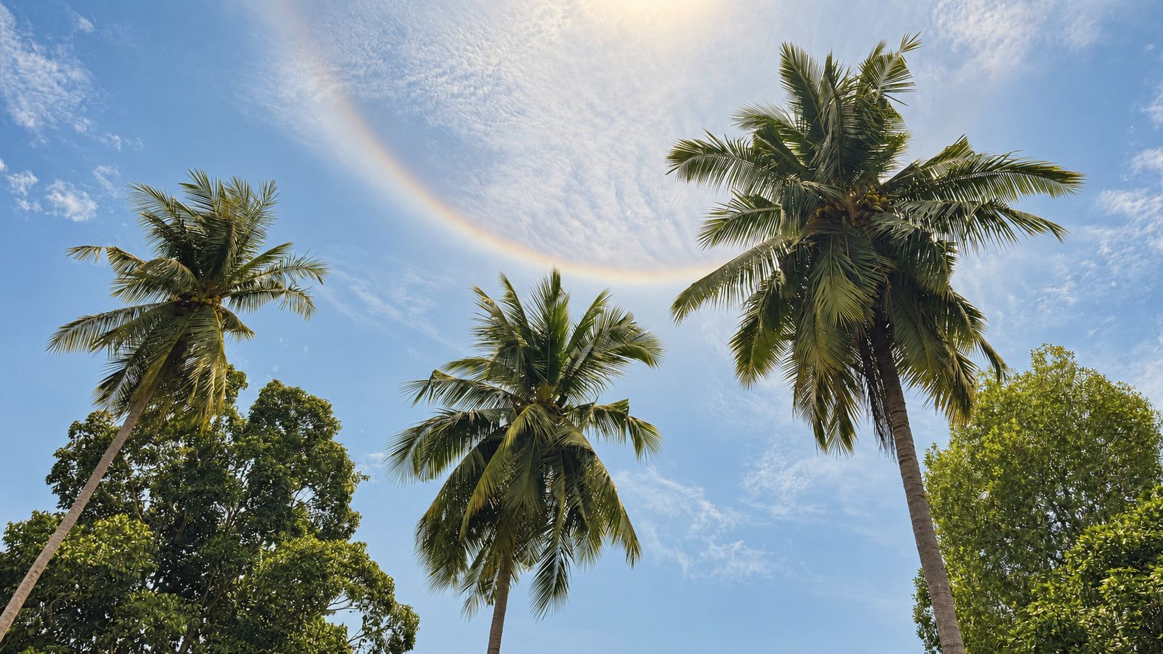 Coconut palms against a soft sky